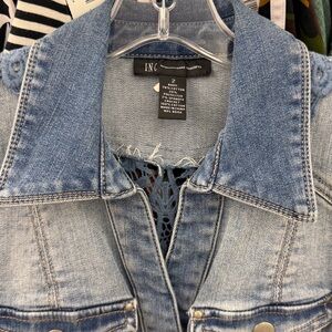 INC International Concepts Faded Blue Denim Vest with Crochet Detail